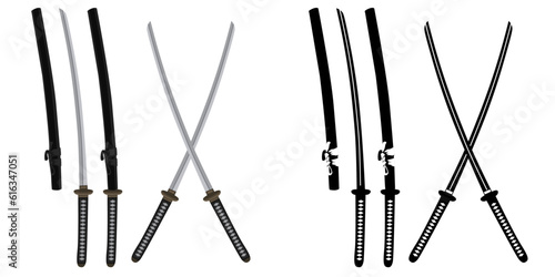 set katana swords vector. Traditional japanese samurai blade weapon illustration