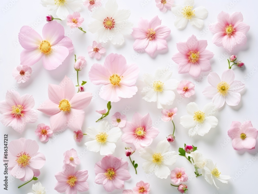 Pink and white flowers on a clean white background with leaves and petals scattered around it. Generative AI