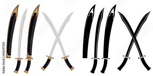 Set Liuyedao or Willow Leaf swords vector. Traditional Chinese blade weapon illustration