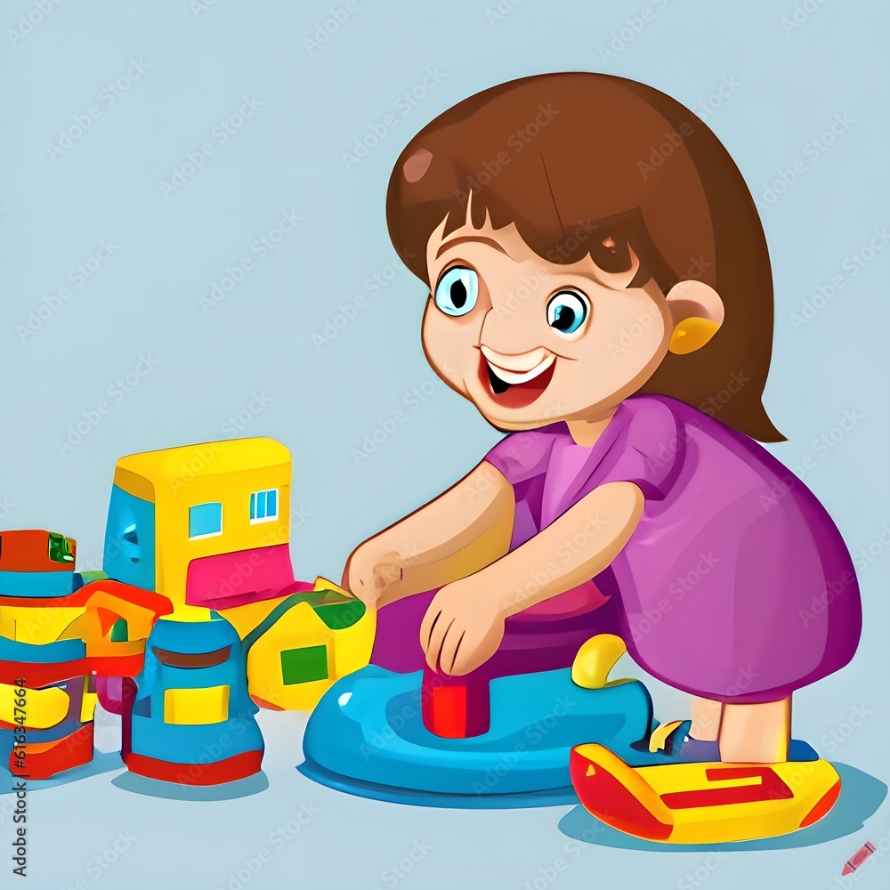 Cheerful Little Girl Playing with Toys, Cartoon Drawing, Generative AI Illustration