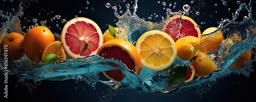Fotografia, Obraz Fresh citrus fruits, water splash on blue background.