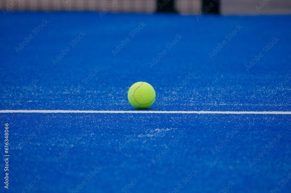 paddle tennis ball on the line of a blue paddle tennis court