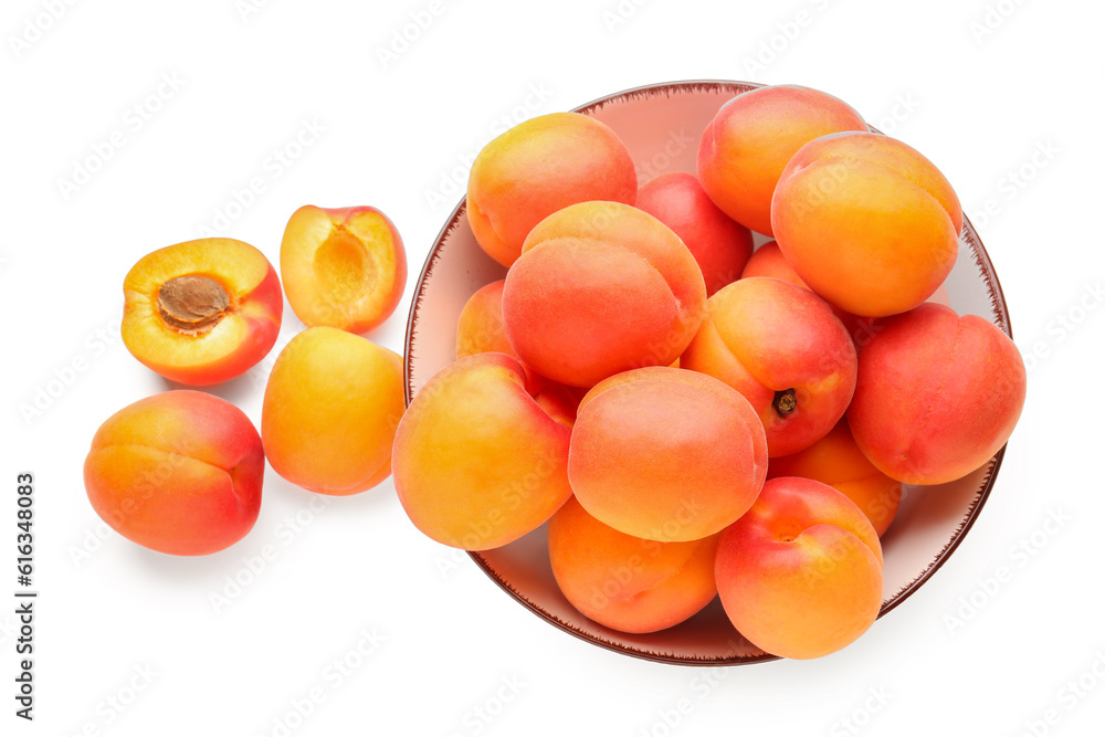 Bowl with ripe apricots isolated on white background Bowl with ripe apricots isolated on white background