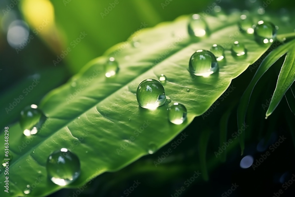 Macro Shot of Beautiful Raindrops on Green Leaf - Created with Generative AI Tools Macro Shot of Beautiful Raindrops on Green Leaf - Created with Generative AI Tools