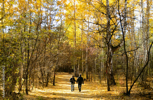 Fototapeta Naklejka Na Ścianę i Meble -  A married couple walking along a path in a dense autumn forest under sunlight