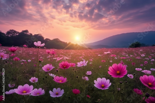 Spectacular Sunset Landscape of Beautiful Pink and Red Flower Field Created with Generative AI Tools