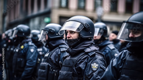 police in full gear on the street. police in hardhats, hard hats and body armor fighting against protests or riots.  © Margo_Alexa