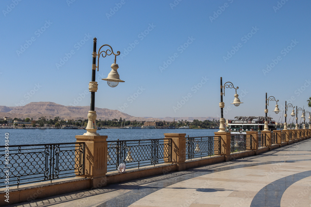 Streetlights on Promenade along  Nile river in luxor city egypt