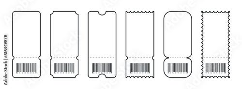 Set of Blank tickets or coupons with barcode, vector templates with copy space isolated on white background. event, airplane, train, circus, sport, football invitation illustration
