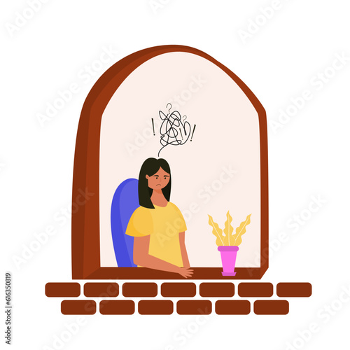 Sad girl sitting in front of window illustration. Flat design of Depressed women illustration character. Mental health concept.