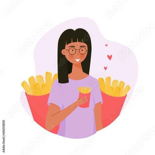 Girl eating french fry illustration. National French fry day illustration for poster, social media, banner, and background.