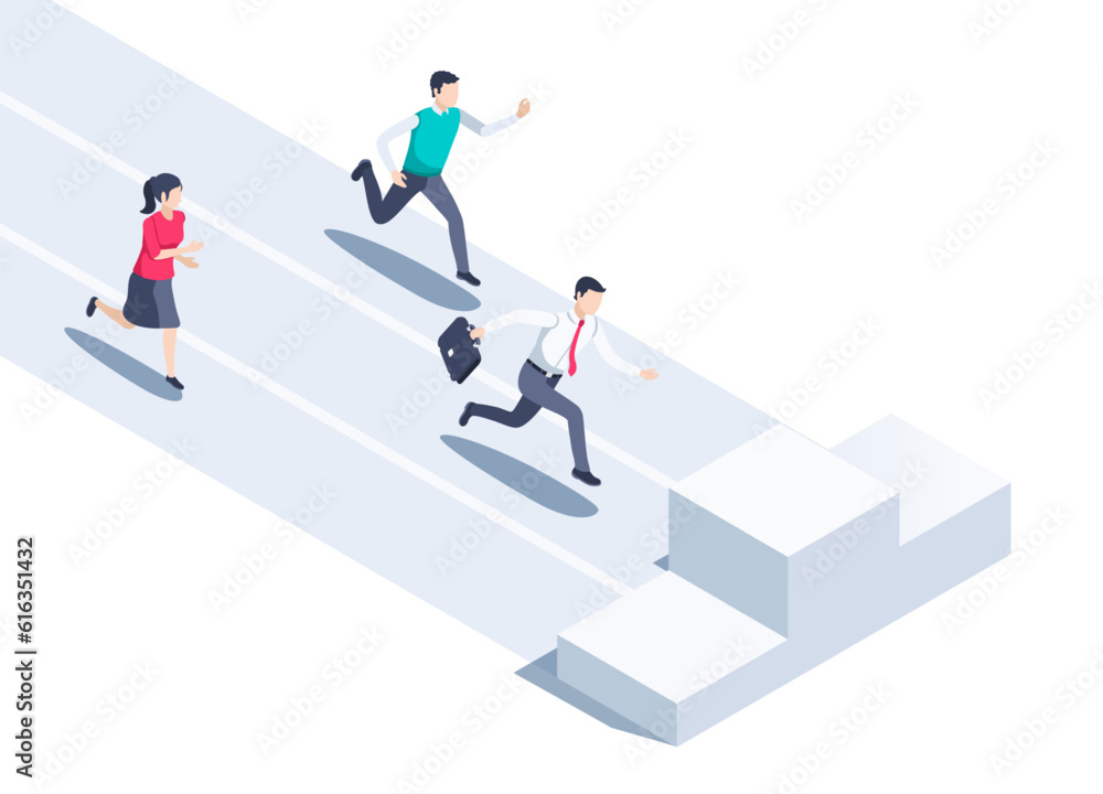 isometric vector illustration on a white background, people in business clothes run along the path to the pedestal, business competition or the path to success