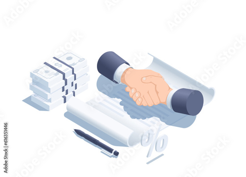 isometric vector illustration isolated on white background, handshake over paper contract and stack of dollar bills, financial contract