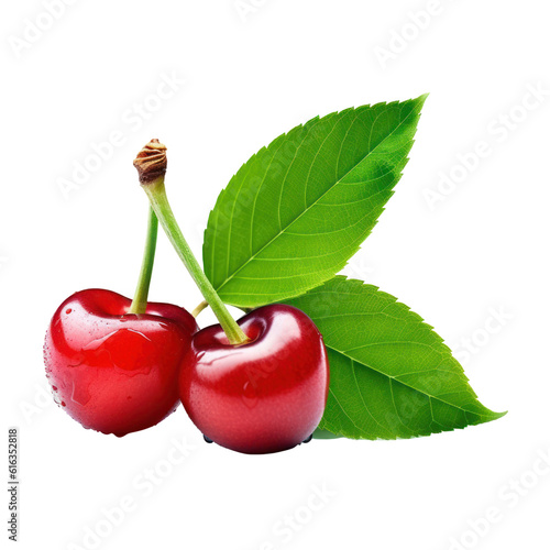 cherry with leaf isolated on transparent background cutout