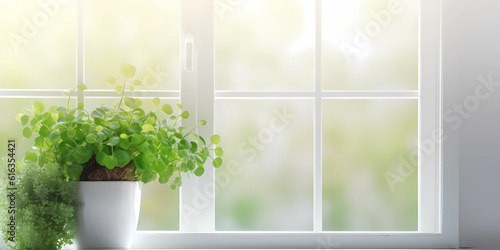 Wood table and window with plant with sun light copy space blurred background  AI Generated