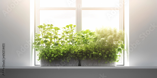 Wood table and window with plant with sun light copy space blurred background, AI Generated