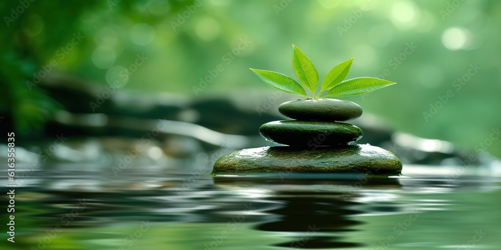 Naklejka premium Zen stones pyramid on water surface green leaves over it