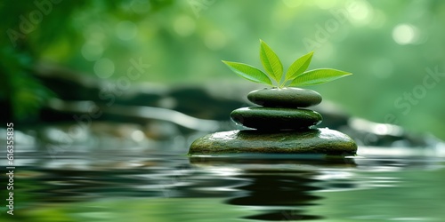 Zen stones pyramid on water surface green leaves over it