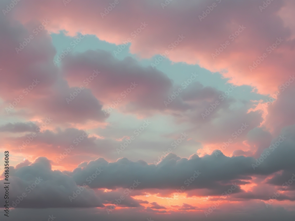 Beautiful evening sky landscape unfolds like a painted canvas with vibrant hues of purple, orange, and blue blending seamlessly together, creating a stunning panoramic vista.