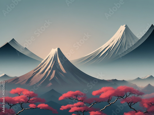 The illustration of mountain fuji Japan's iconic peak surrounded by picturesque landscapes captures the essence of the country's enchanting atmosphere.