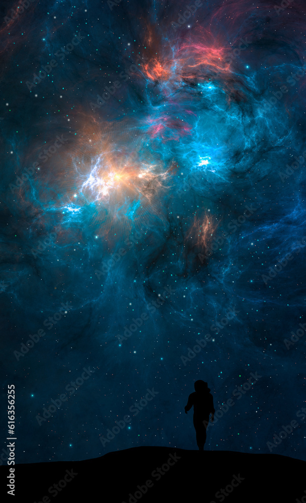 Space background. Astronaut silhouette walk on land in colorful fractal blue nebula. Digital painting, 3D rendering