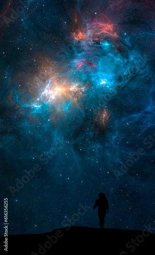 Space background. Astronaut silhouette walk on land in colorful fractal blue nebula. Digital painting, 3D rendering © Space Creator