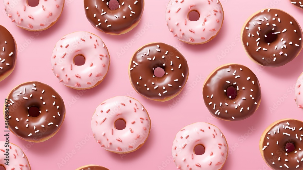 Fototapeta premium A delicious assortment of doughnuts, glazed with sugary sweetness and decorated with colourful sprinkles, create a vibrant, inviting atmosphere perfect for indulging in a delicious snack or dessert