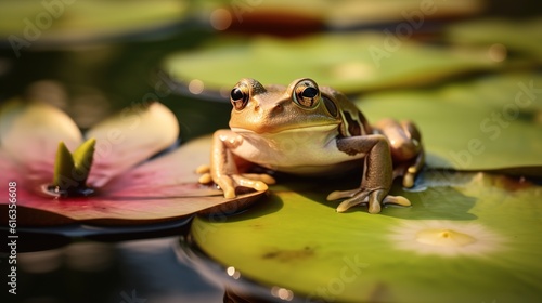 A closeup of a frog on a lily pad