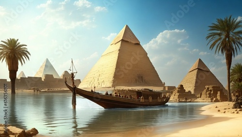 A ship beside the pyramids in ancient Egypt