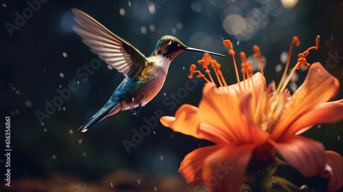 A closeup of a hummingbird feeding from a flower