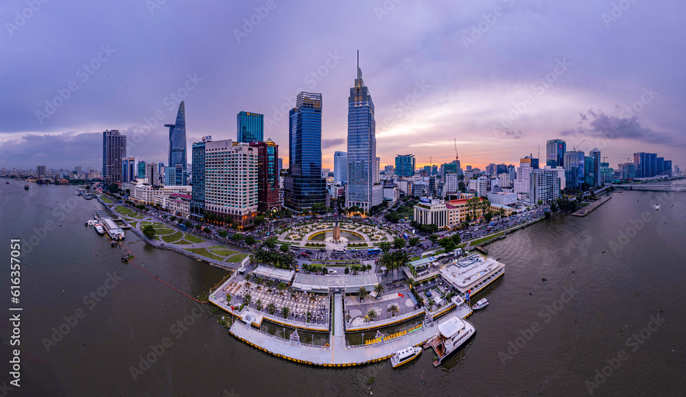 Fototapeta premium Sunset on Saigon riverside, Ho Chi Minh city Vietnam. Photo taken on June, 2023.