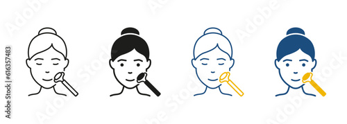 Roller for Facial Massage Line and Silhouette Icon Set. Woman Beauty Relax Procedure for Skin Care Symbol Collection. Jade Roller for Girl Face, Skincare Pictogram. Isolated Vector Illustration