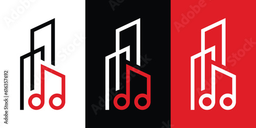 logo design building and note music icon vector inspiration
