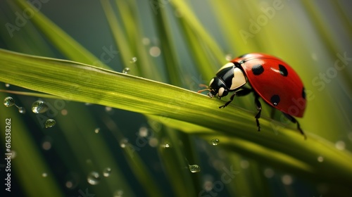 A ladybug climbing a blade of grass