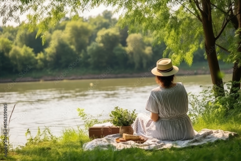 The curly woman rest in a picnic near the lake. AI Generative The curly woman rest in a picnic near the lake. AI Generative
