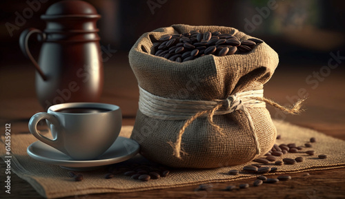 Coffee Cup With Burlap Sack Of Roasted Beans. Generative AI.