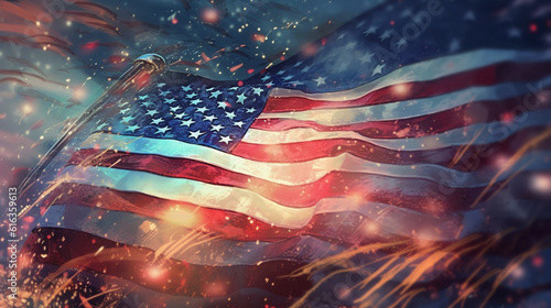 American flag gracefully waving in the wind against a backdrop of fireworks, symbolizing the patriotic spirit of the USA on July 4th Independence Day celebration illustration, AI-Generated