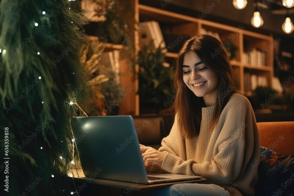Beautiful woman using laptop at cafe. AI Generative Beautiful woman using laptop at cafe. AI Generative