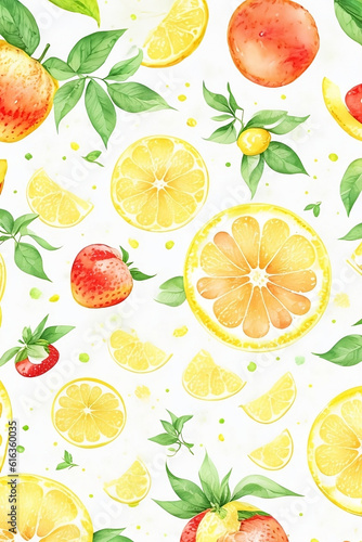 Lemon and Strawberry Watercolor vector art in white background.