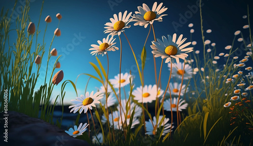 Wild Daisies In The Grass With A Blue Sky, Generative Ai.