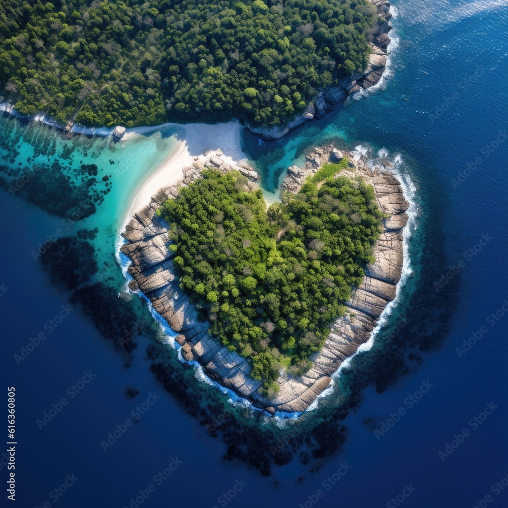 Landscape symbol of romance and love with a heart shaped forest with roks and sea surf seen from the sky