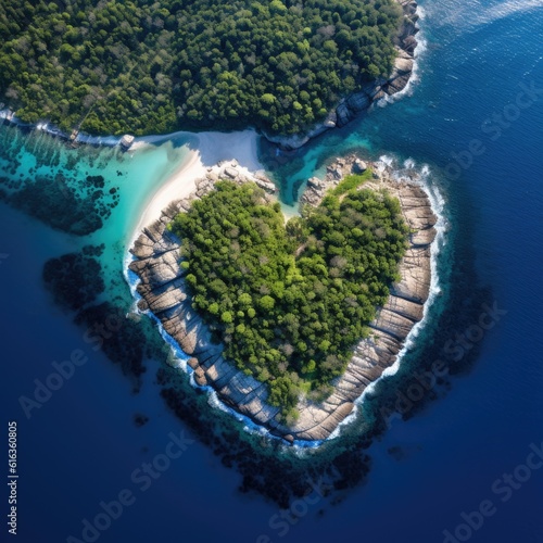 Landscape symbol of romance and love with a heart shaped forest with roks and sea surf seen from the sky © mirexon