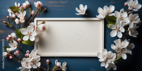 Modern white landscape frame mock up with flowers. Mockup for quote, promotion, headline, design. Template for small businesses, Generative AI