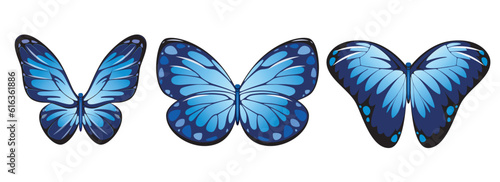 A set of blue butterflies on a white background. 