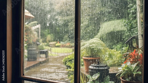 photographic view out of a window into a rainy garden