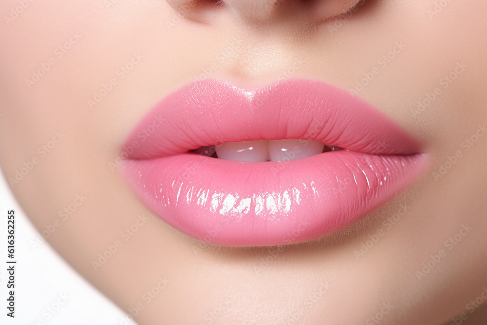 Fototapeta premium Close up of woman's lips with pink lipstick
