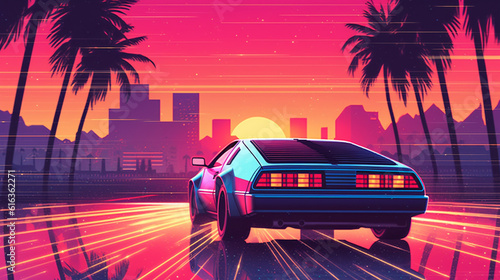 80s retro illustration car driving with sunset view. Synthwave 80s Vibes