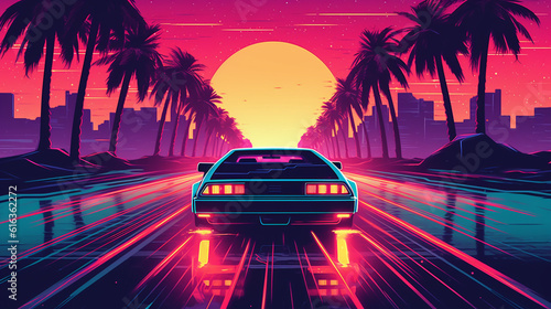 80s retro illustration car driving with sunset view. Synthwave 80s Vibes