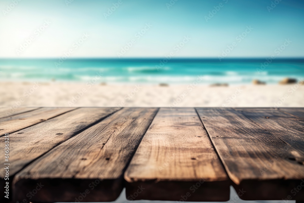 Wooden table on the beach by the sea for advertising products. Wooden table on the beach by the sea for advertising products.