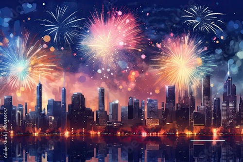 Night city in lights: Bright multi-colored fireworks. Festive fireworks. Generative AI